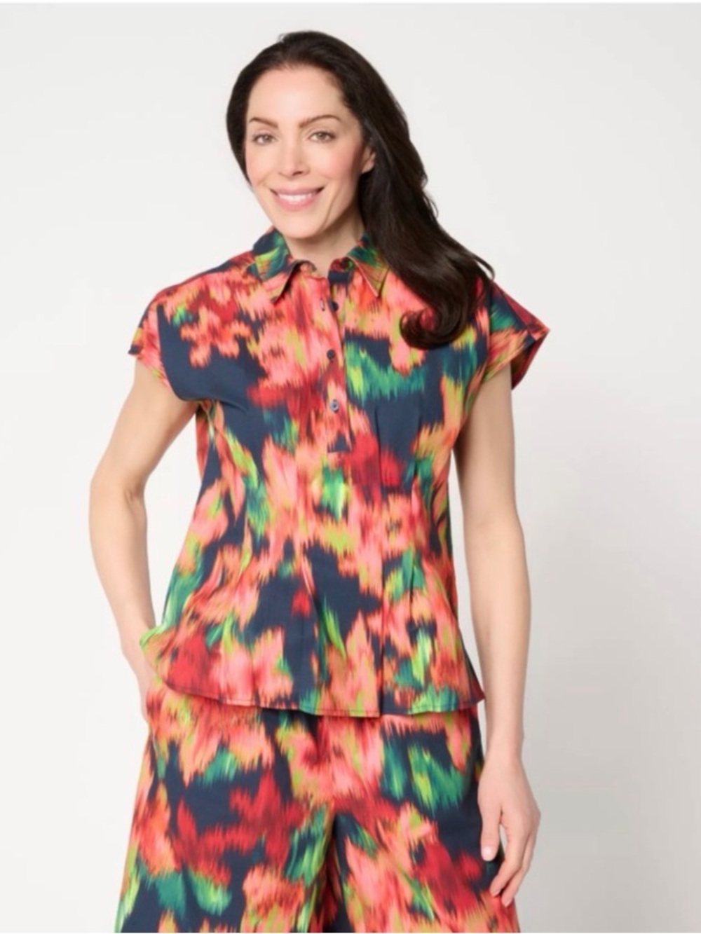 CARLA ROCKMORE COLLECTION Cotton Rich Pleated Waist Henley Shirt